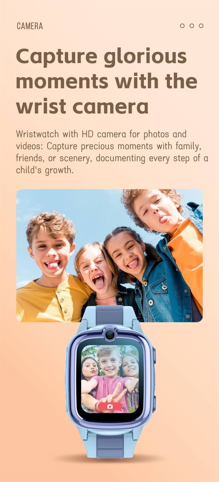 Child taking photos with the wrist camera on the REXQU KidTrack kids smartwatch