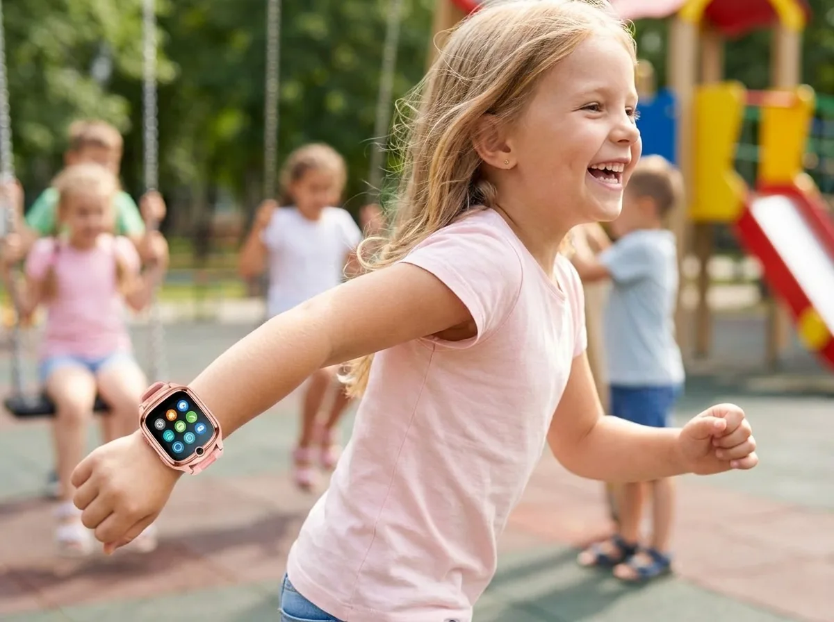 Girl playing outdoors wearing the pink REXQU KidTrack while safe-zone alerts protect her