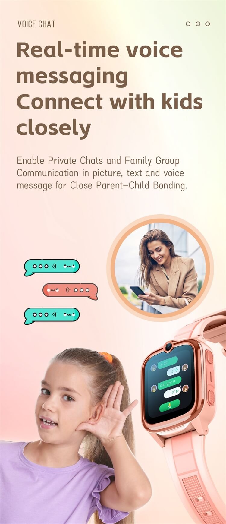 Family voice chat and messaging on the REXQU KidTrack kids smartwatch