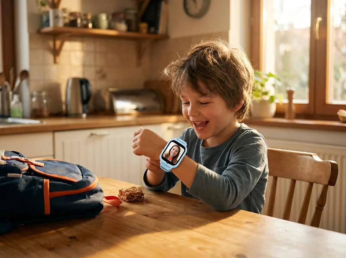 Boy video-calling his mother on the big screen of the REXQU KidView kids smartwatch