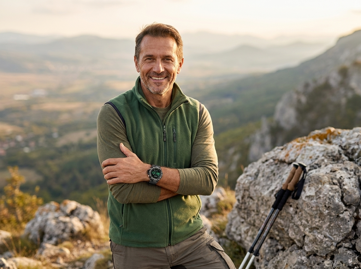 Happy REXQU LifeGuard Pro owner at a mountain overlook