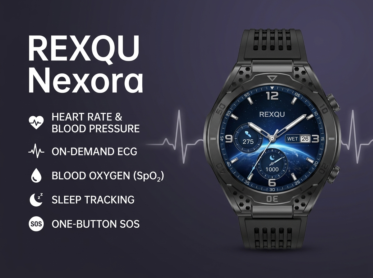 REXQU Nexora health smartwatch — ECG, heart rate, blood pressure and Bluetooth calls on a 1.43 inch AMOLED