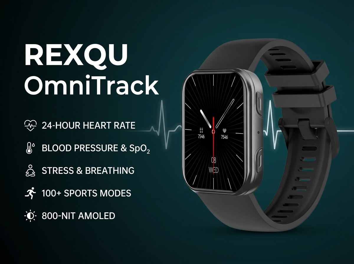 REXQU OmniTrack health smartwatch — heart rate, blood pressure and 100+ sports on a 1.93 inch AMOLED