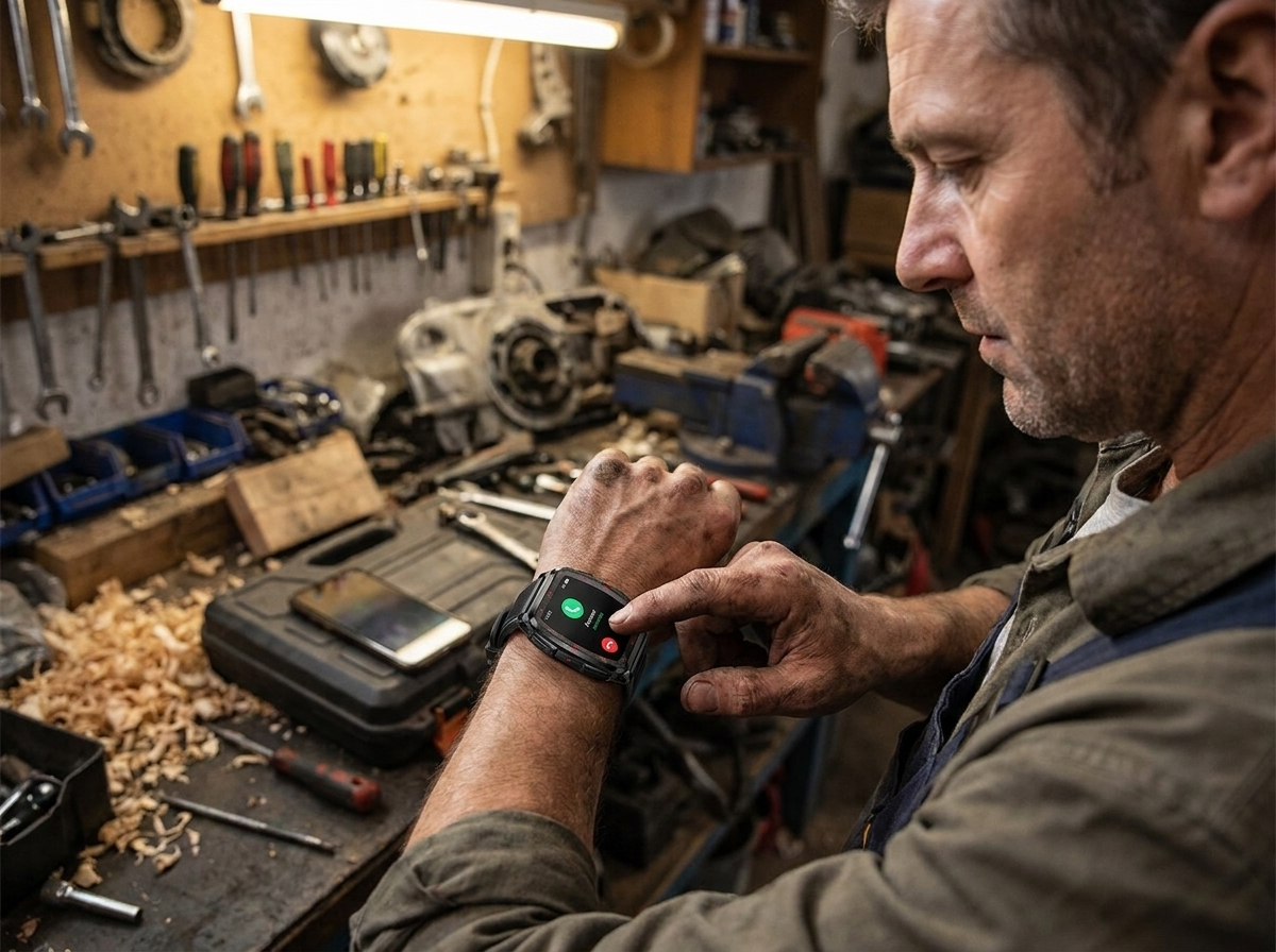 Man taking a call on REXQU Ridgeline in a workshop