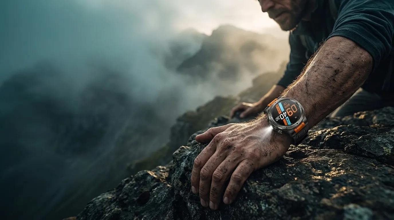 Rugged smartwatch worn on a wrist while climbing a misty mountain trail at dawn