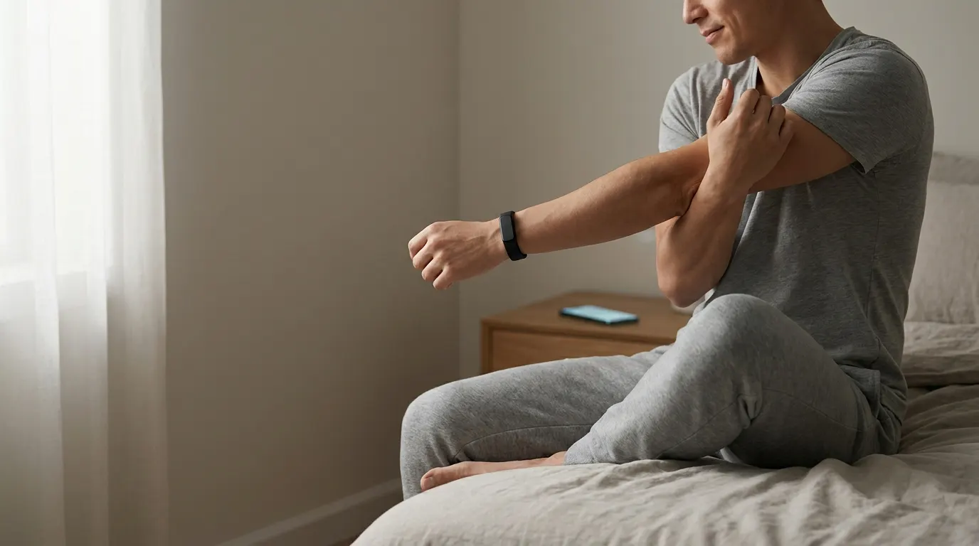 Person stretching in soft morning light wearing a slim screenless fitness band on their wrist
