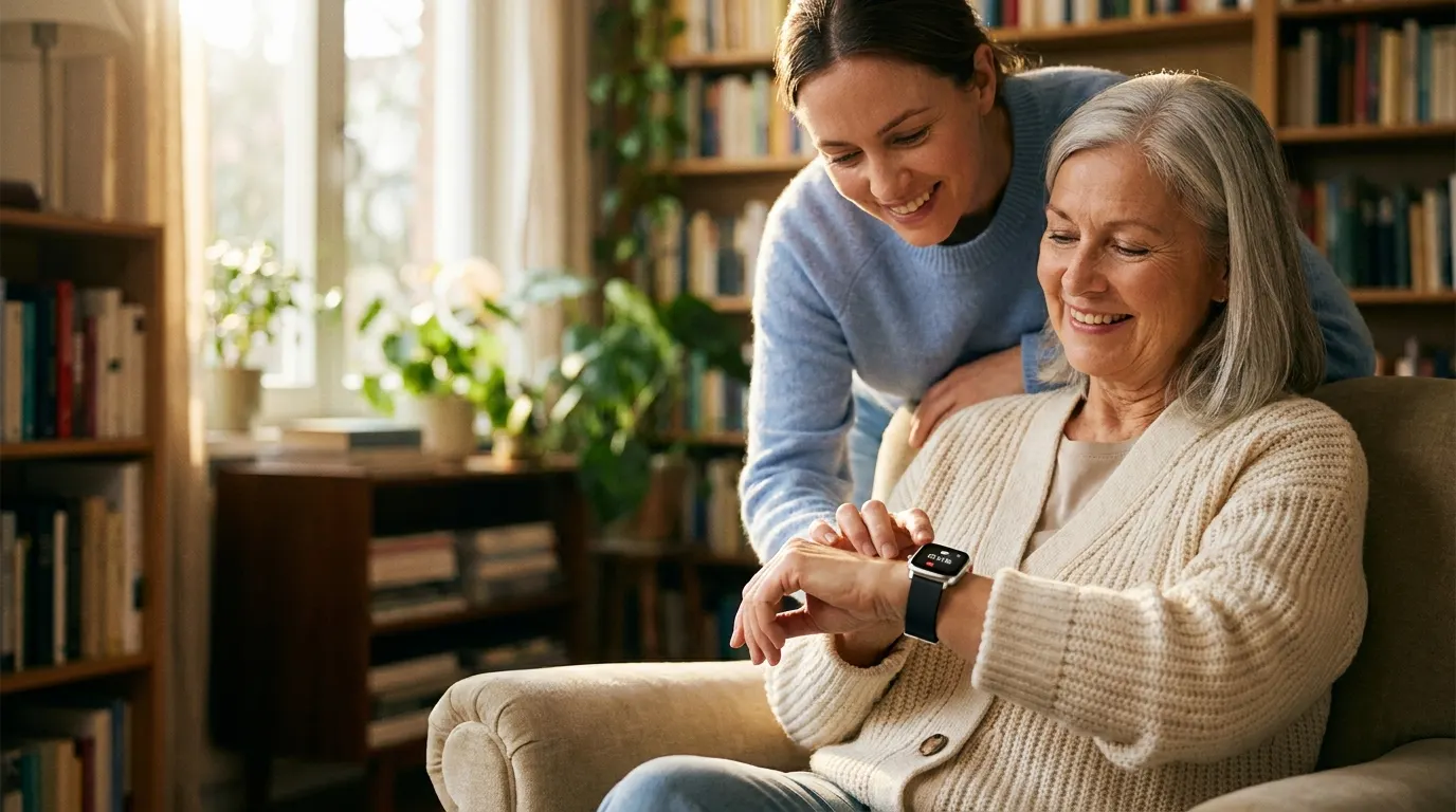 Senior woman smiling as she reads the large display of her health smartwatch at home, her daughter beside her