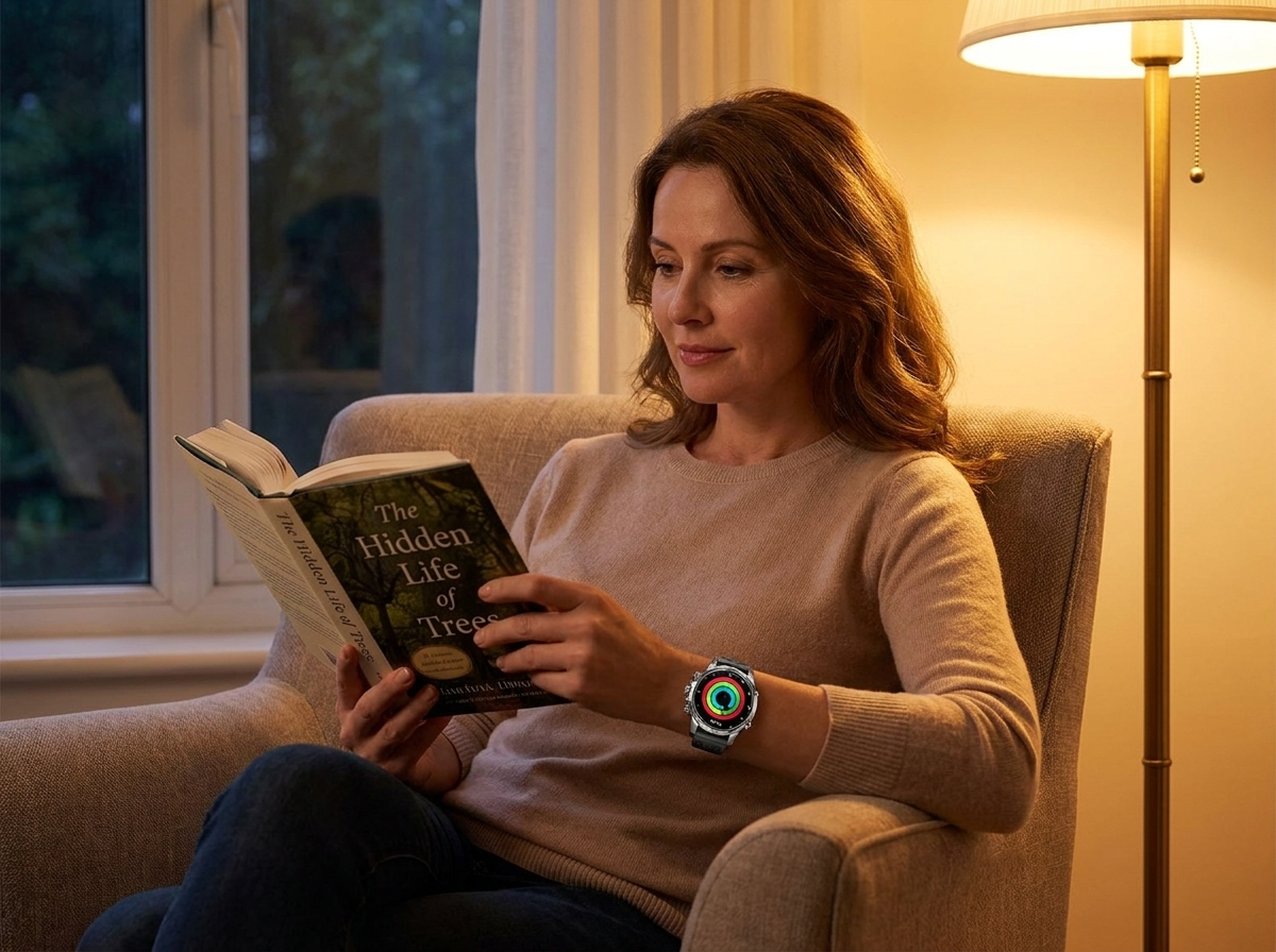 Woman reviewing her daily health summary on the REXQU Spectrum