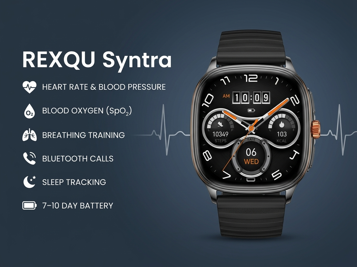 REXQU Syntra health smartwatch — heart rate, blood pressure, SpO₂ and Bluetooth calls