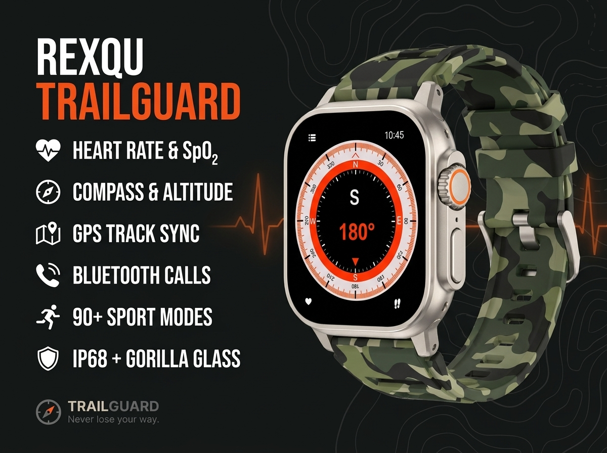 REXQU TrailGuard rugged outdoor smartwatch — compass, altitude, GPS track sync, IP68 and Gorilla Glass