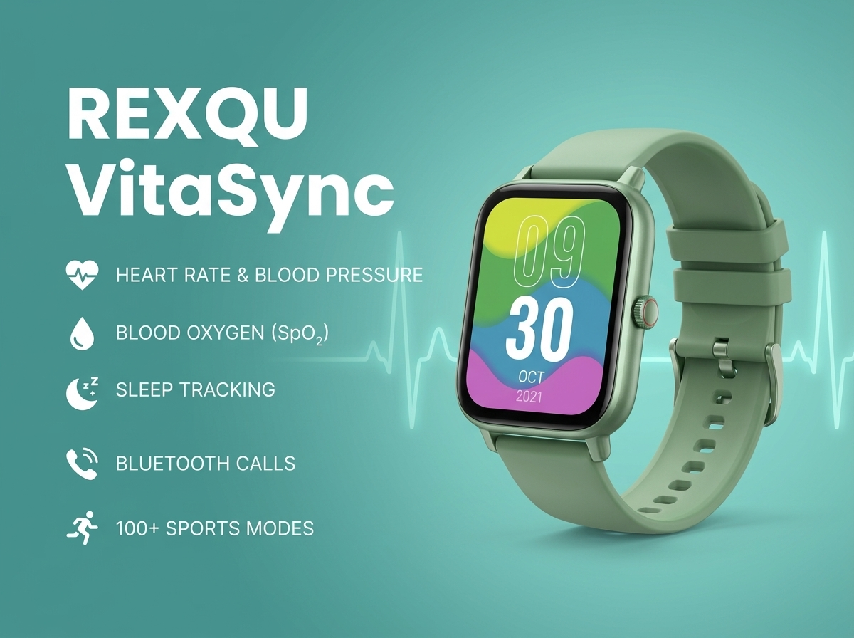 REXQU VitaSync health smartwatch — heart rate, blood pressure, blood oxygen and Bluetooth calls on a 1.83 inch display