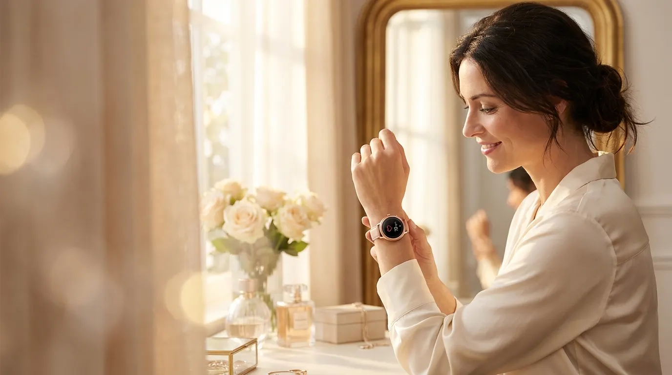 Woman in soft morning light glancing at the elegant smartwatch on her wrist